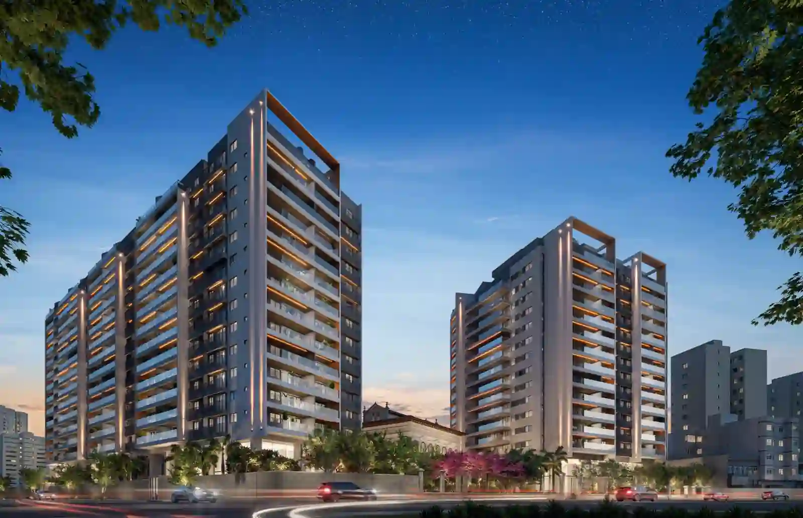 Symphony Residences — conjunto noturno das duas torres com céu estrelado (BEN_03 fachada 03), no Flamengo