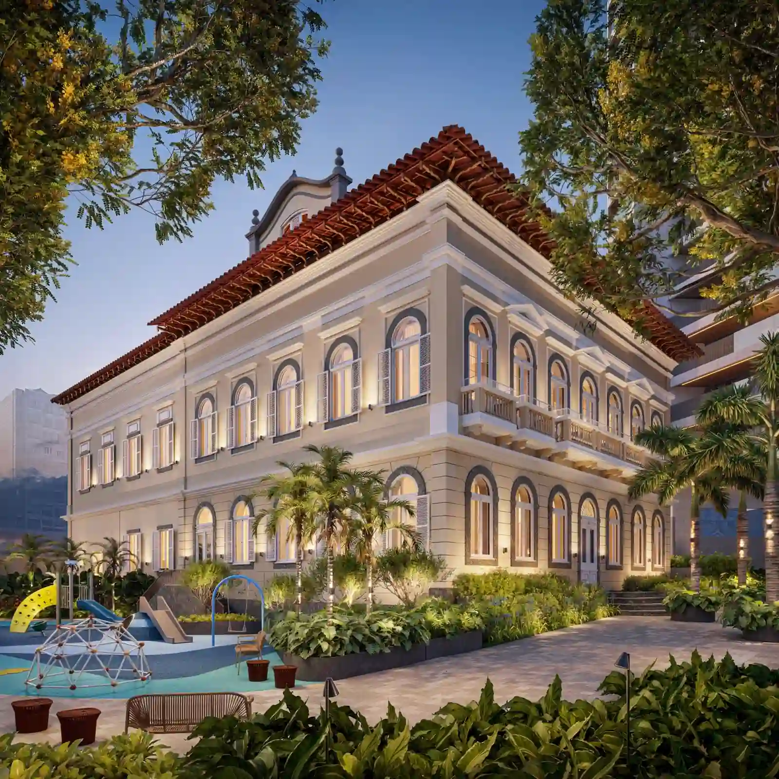 Casarão São Clemente restaurado — patrimônio histórico integrado ao Symphony Residences, com playground e jardins do paisagista Benedito Abbud