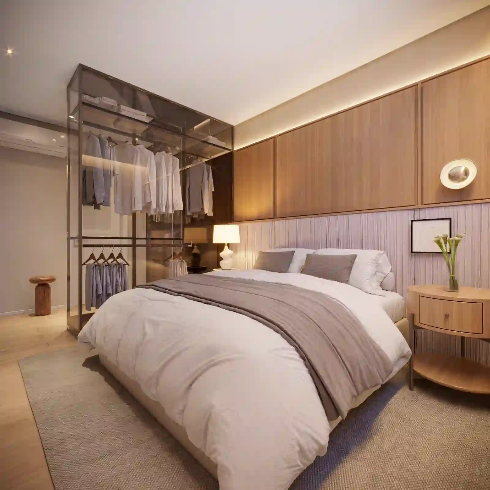 Suíte master decorada do Symphony Residences — closet em vidro fumê, marcenaria em freijó e paleta serena