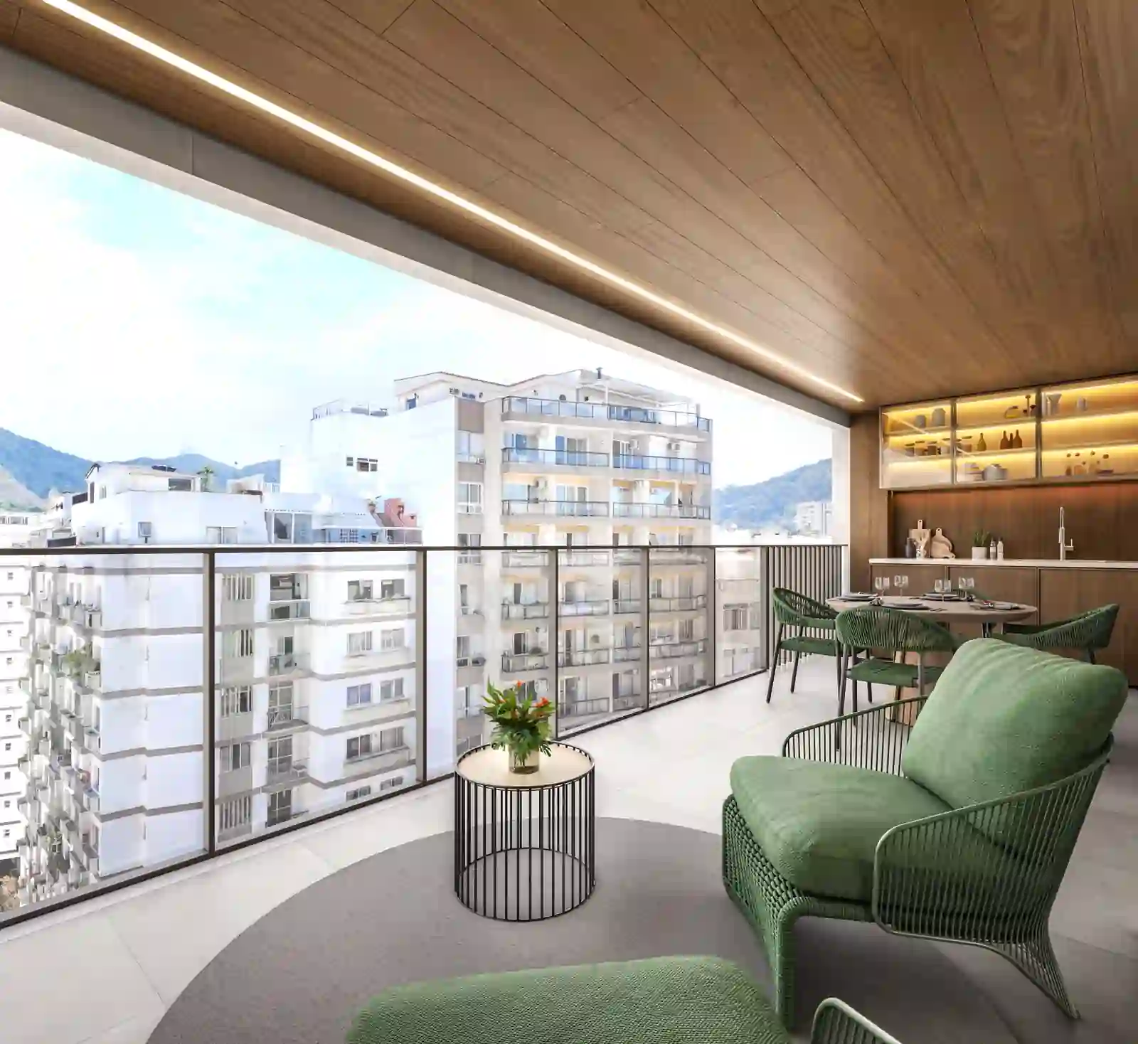 Varanda gourmet do Symphony Residences — pergolado em madeira, cozinha integrada e mobiliário em palha verde