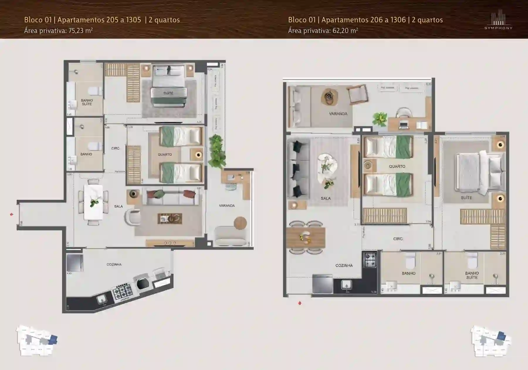Planta humanizada — 2 Quartos · 75,23 m², Aptos 205 a 1305, Symphony Residences Flamengo RJ