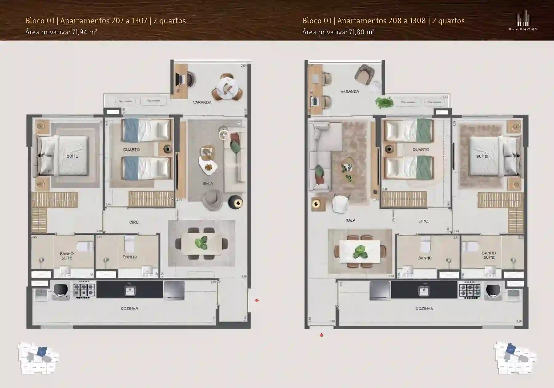 Planta humanizada — 2 Quartos · 71,94 m², Aptos 207 a 1307, Symphony Residences Flamengo RJ