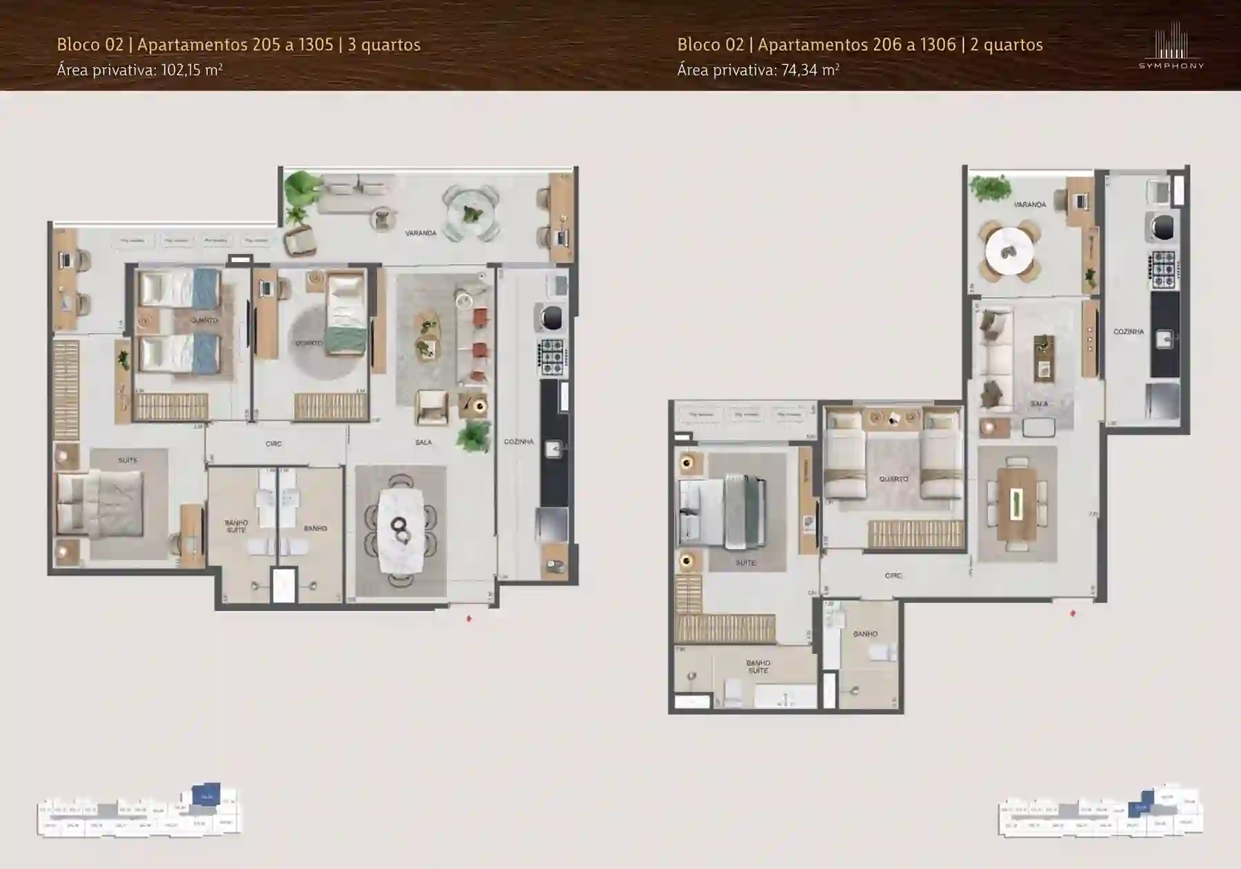 Planta humanizada — 2 Quartos · 74,34 m², Aptos 206 a 1306, Symphony Residences Flamengo RJ