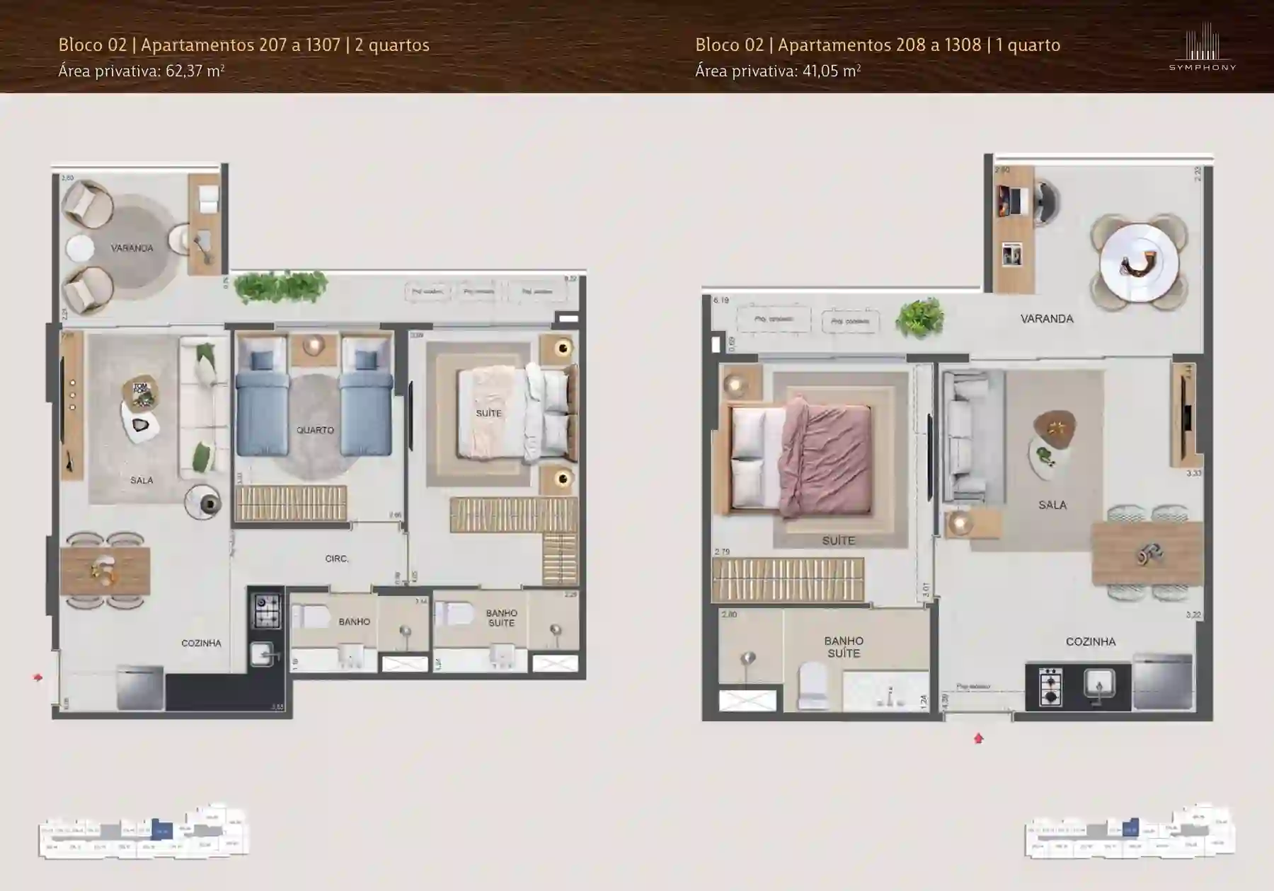 Planta humanizada — 2 Quartos · 62,37 m², Aptos 207 a 1307, Symphony Residences Flamengo RJ