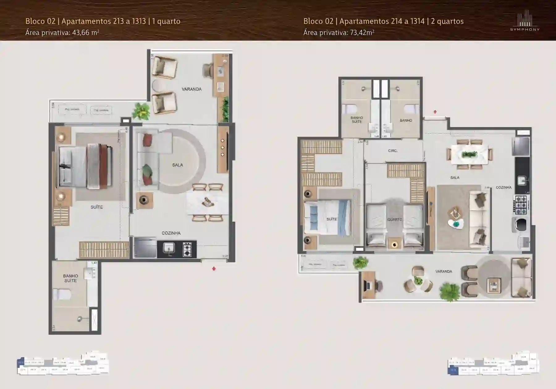 Planta humanizada — 2 Quartos · 73,42 m², Aptos 214 a 1314, Symphony Residences Flamengo RJ