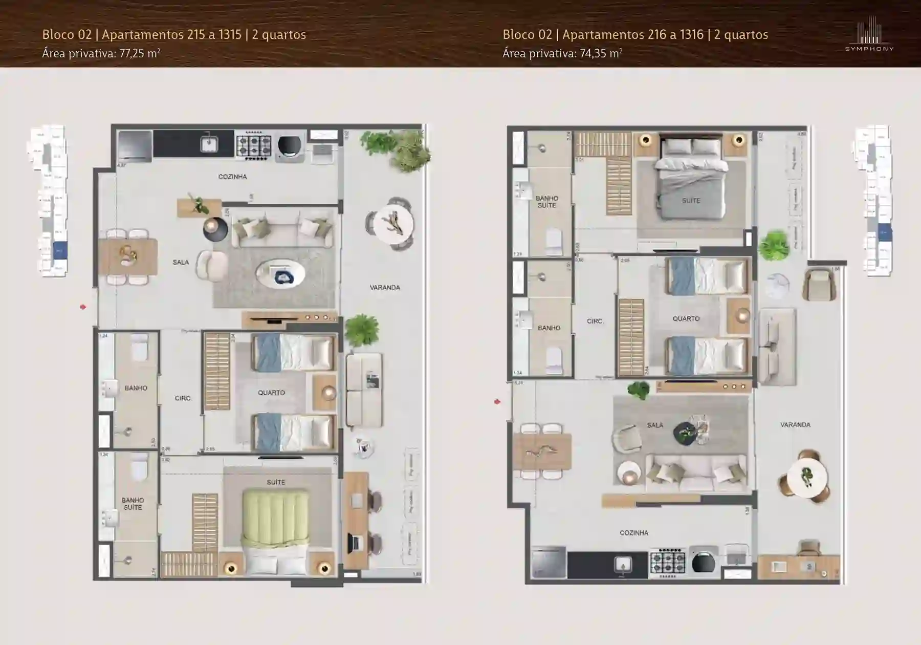 Planta humanizada — 2 Quartos · 77,25 m², Aptos 215 a 1315, Symphony Residences Flamengo RJ