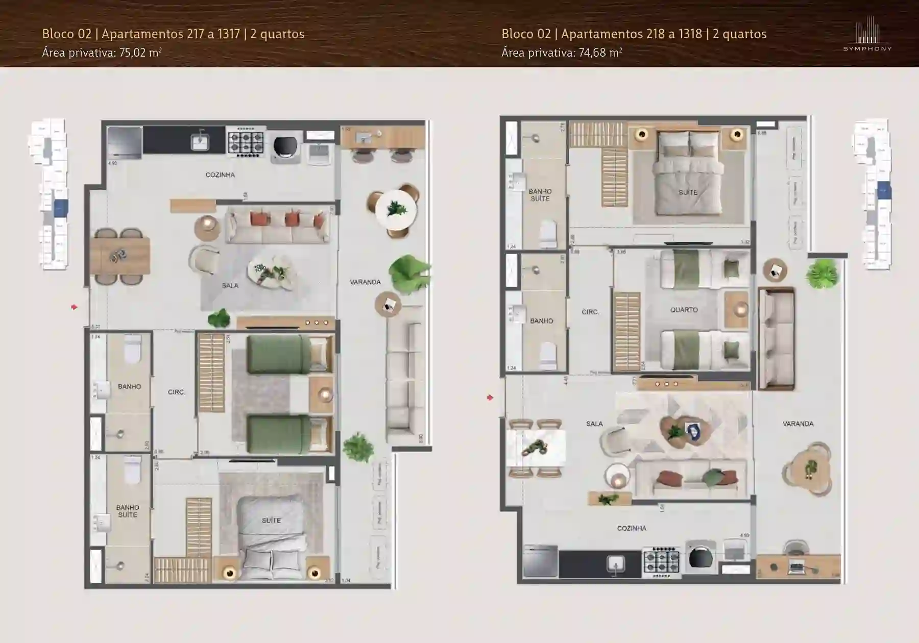 Planta humanizada — 2 Quartos · 75,02 m², Aptos 217 a 1317, Symphony Residences Flamengo RJ